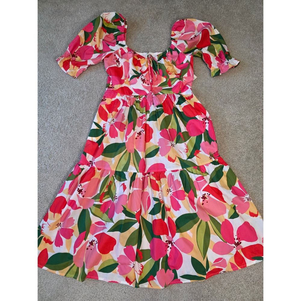 Vince Camuto Pink Floral Tiered Midi Dress Puff Sleeve Smocked Back Size 8